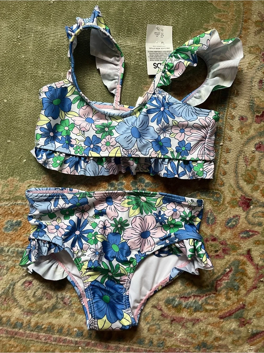 Kids Floral Ruffle Two-Piece Swimsuit - Multi Blue & Green